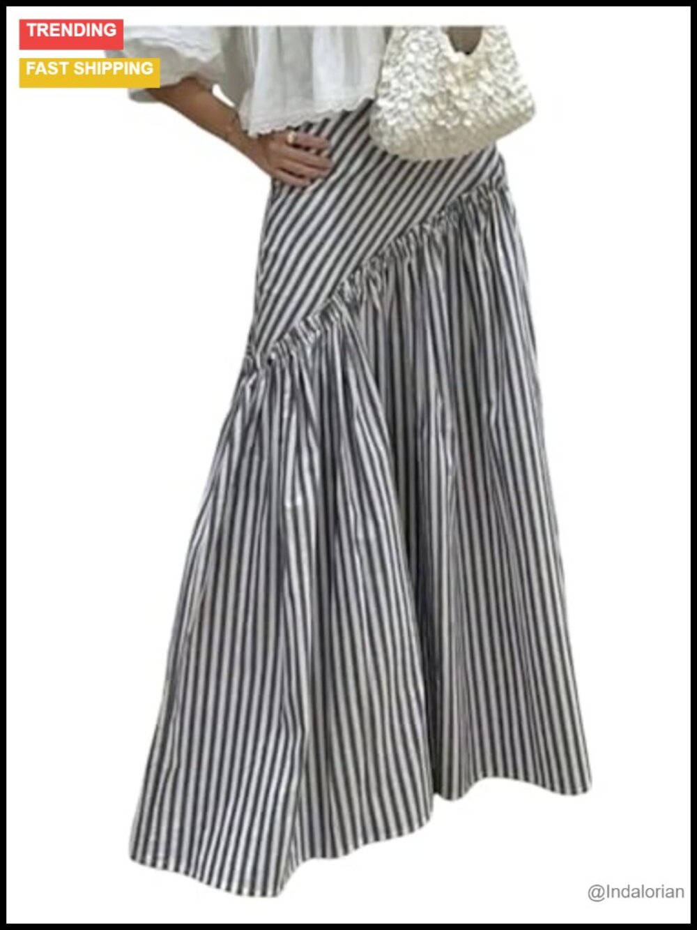 Striped Maxi Skirt Ruffle Hem A-Line Flowy Long Skirt